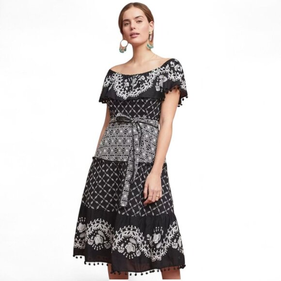 Anthropologie Dresses & Skirts - Anthropologie Marisol Size 6 Boho Black & White Embroidered Off-Shoulder Dress